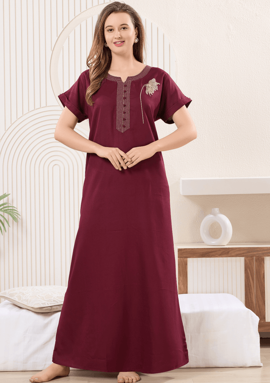 Myra Dark Cherry  Floral Embroidered  Nightgown