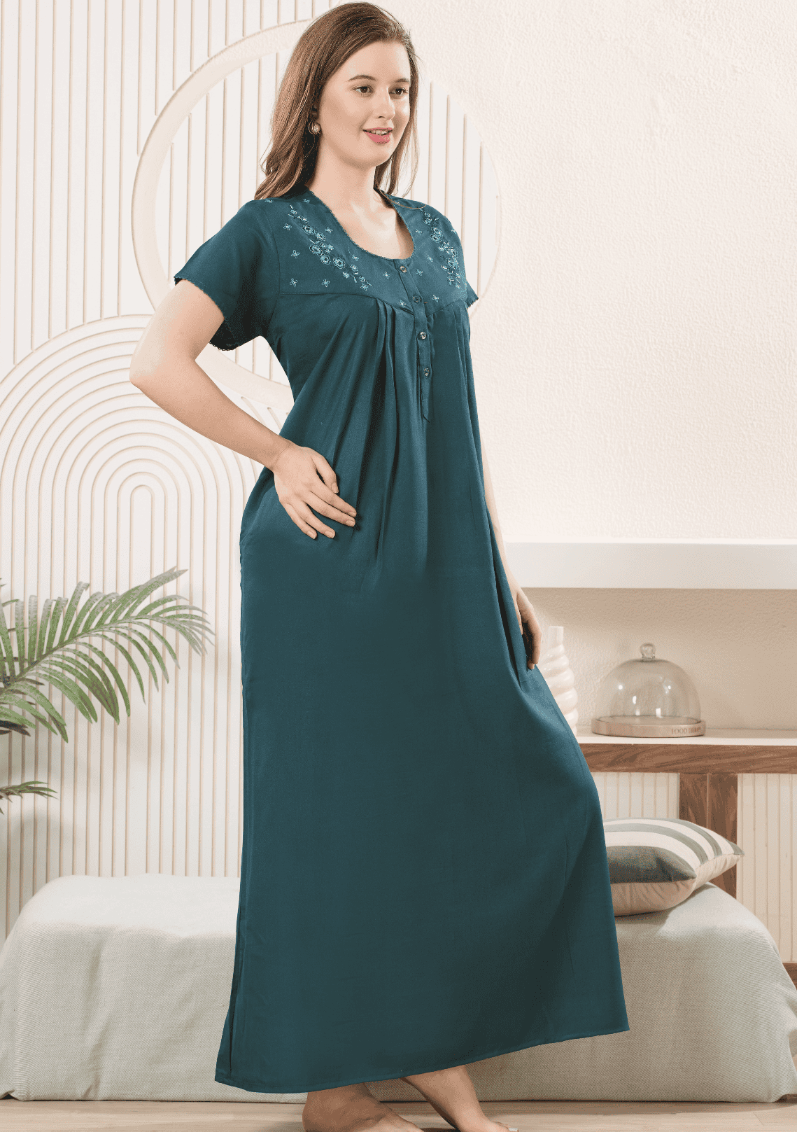 Anaya Bottle Green Floral Embroidered Nightgown