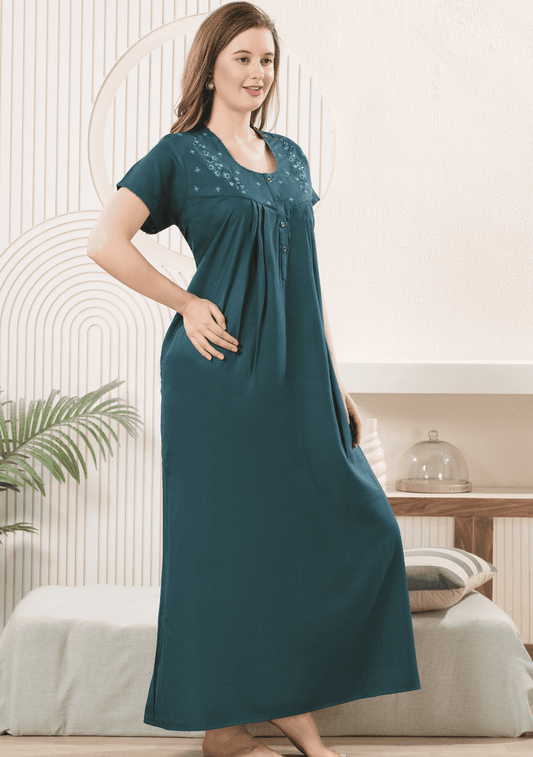 Anaya Bottle Green Floral Embroidered Nightgown
