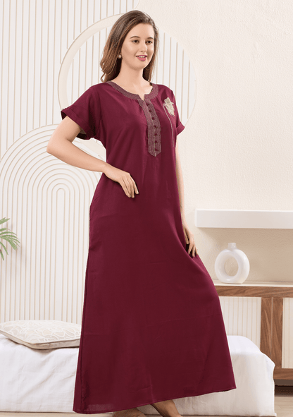 Myra Dark Cherry  Floral Embroidered  Nightgown