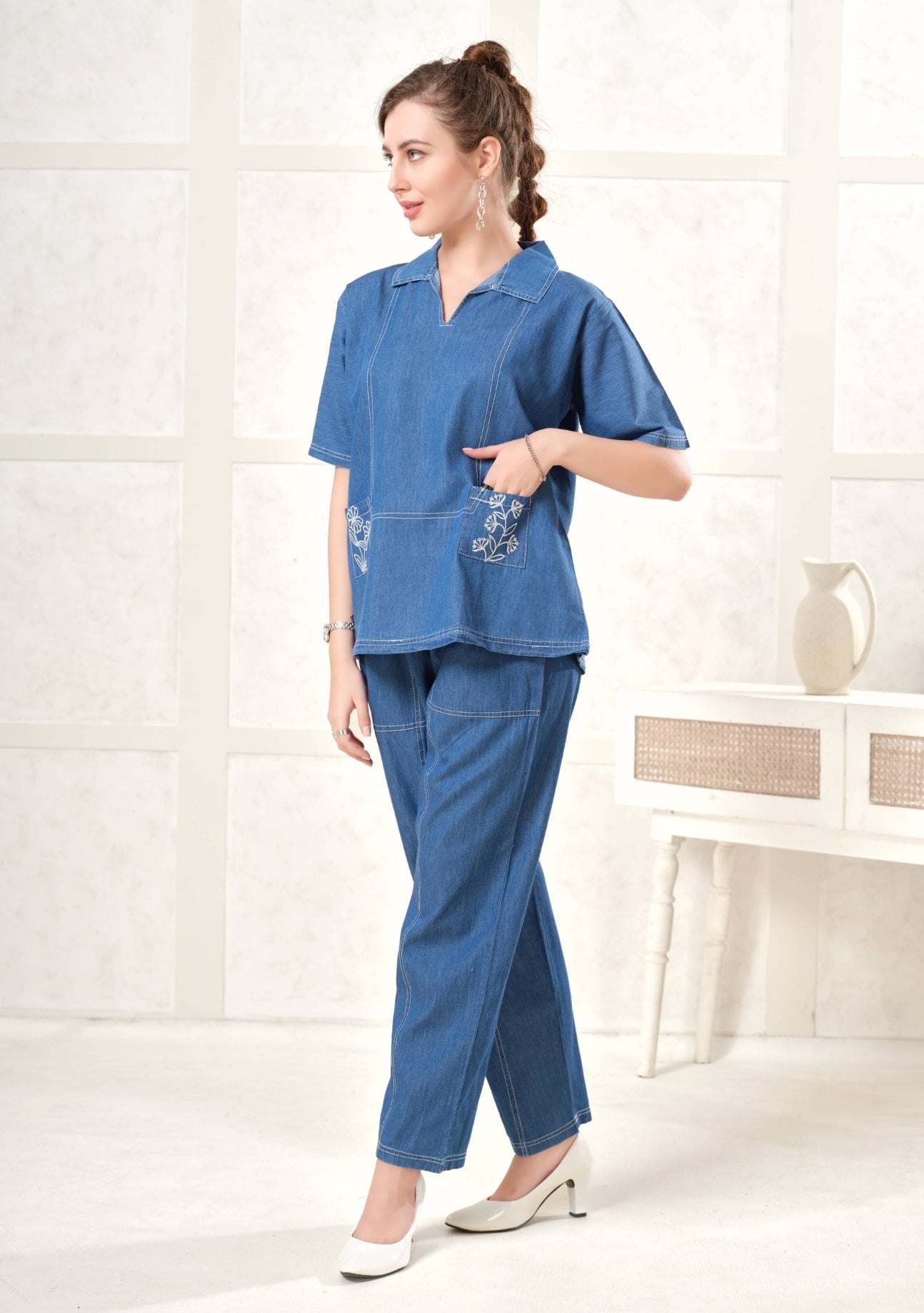 Rosie Embroidered Light Denim Co-ord Set