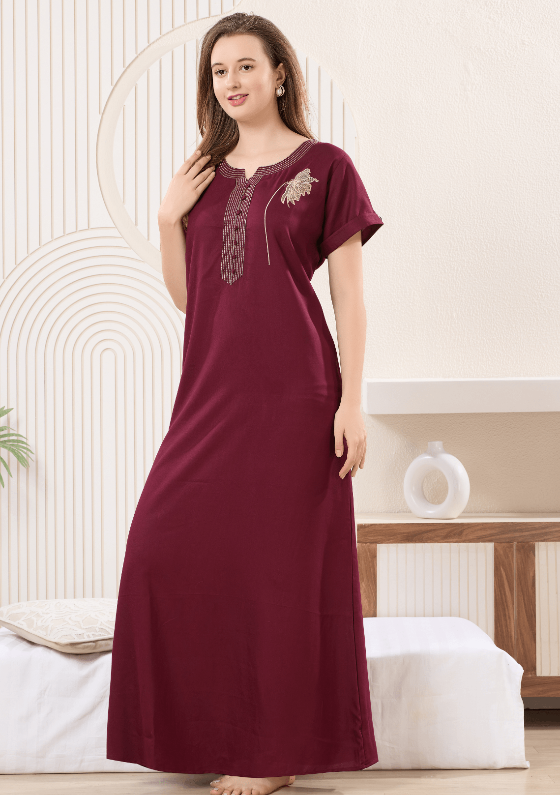 Myra Dark Cherry  Floral Embroidered  Nightgown