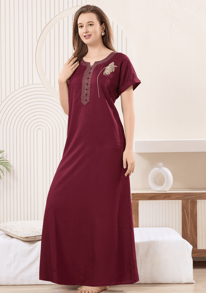Myra Dark Cherry  Floral Embroidered  Nightgown