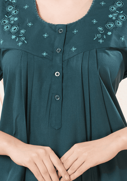 Anaya Bottle Green Floral Embroidered Nightgown