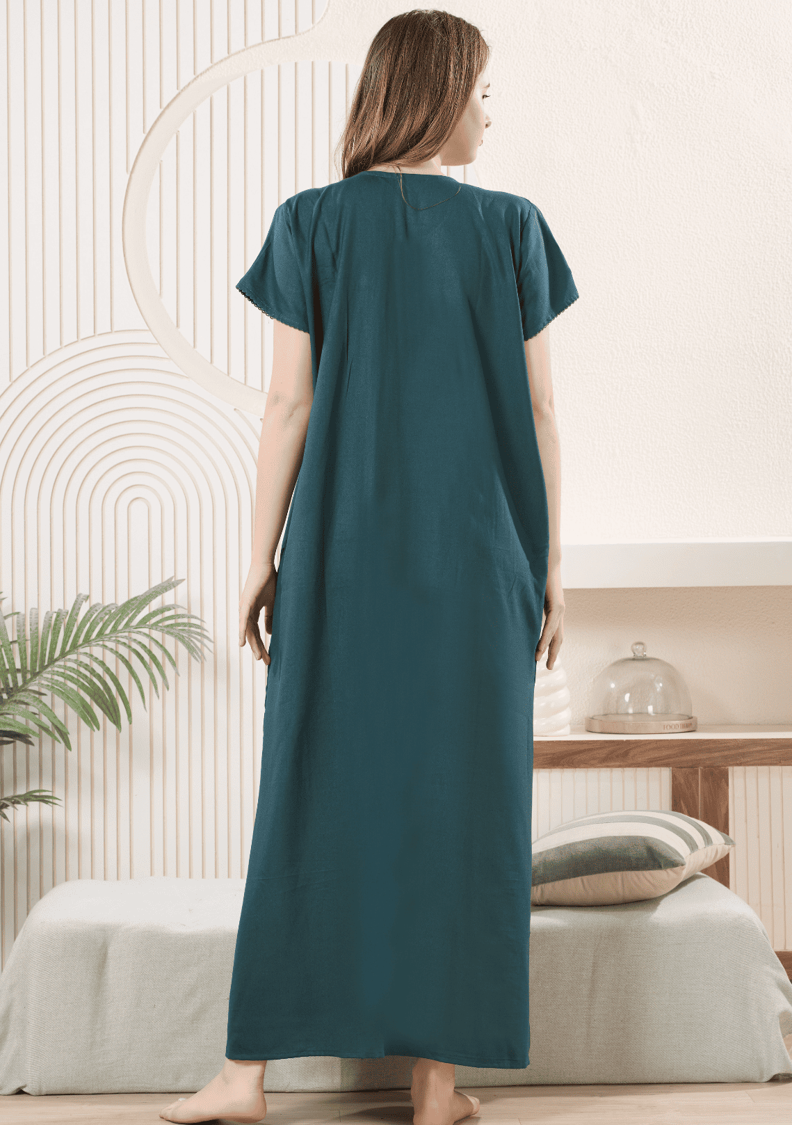 Anaya Bottle Green Floral Embroidered Nightgown