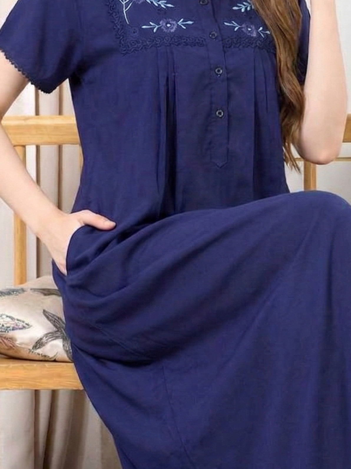 Lisa Navy Blue Thread Embroidered Nightgown