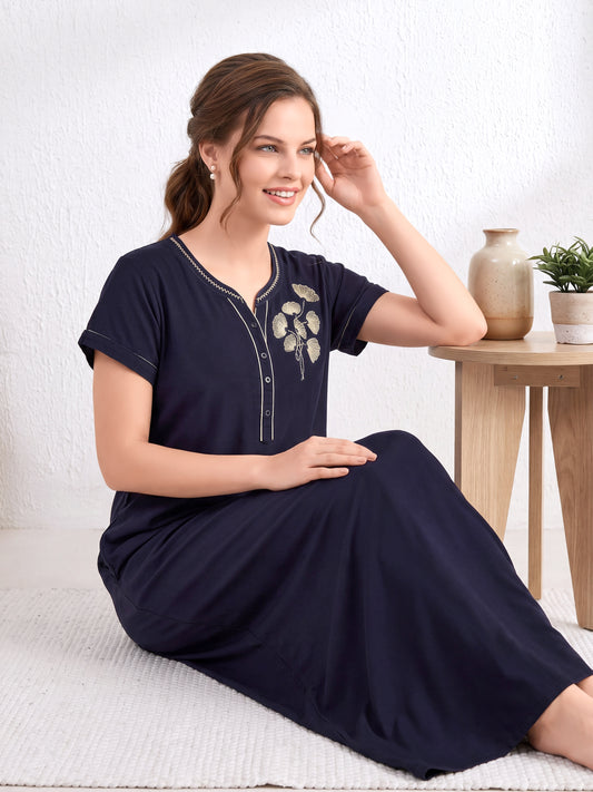 Ellie Midnight Navy Leaf Embroidered Nightgown