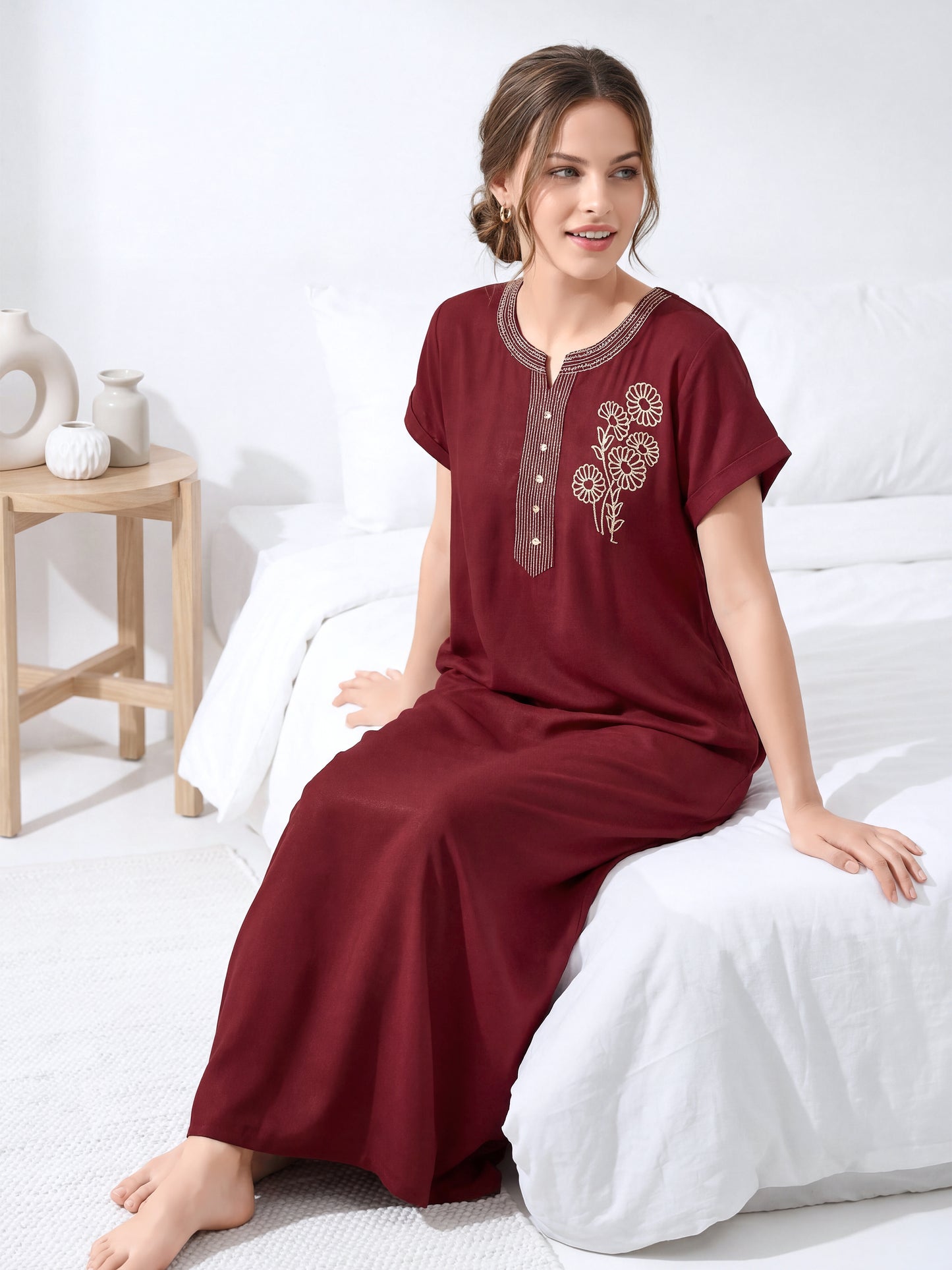 Zaria Deep Maroon Floral Embroidered Nightgown