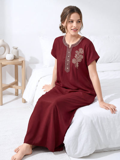 Zaria Deep Maroon Floral Embroidered Nightgown