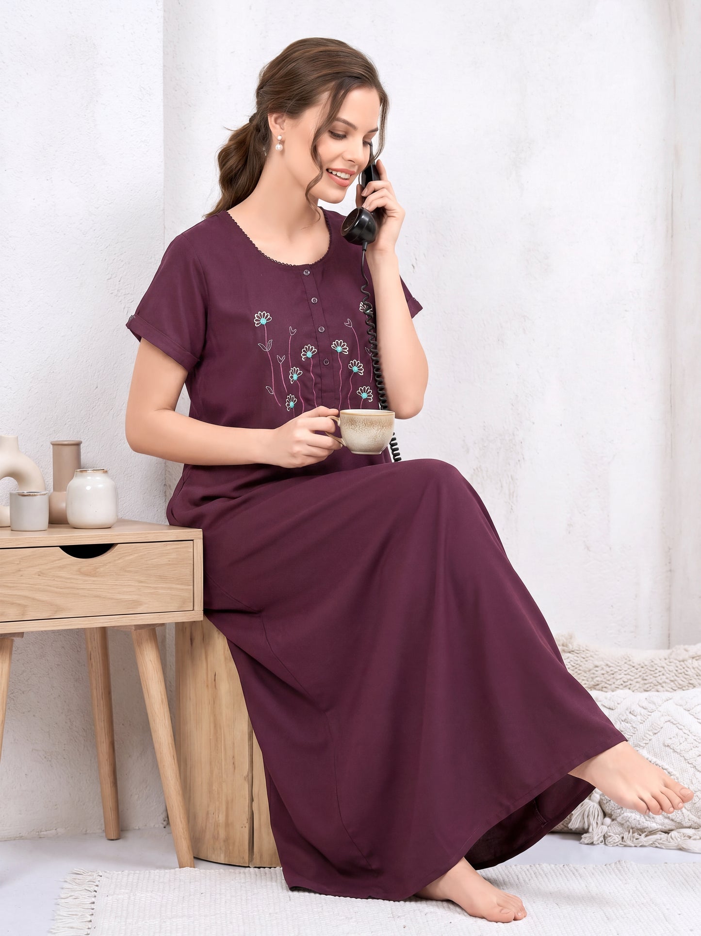 Honey Plum Wine Floral Embroidered Nightgown