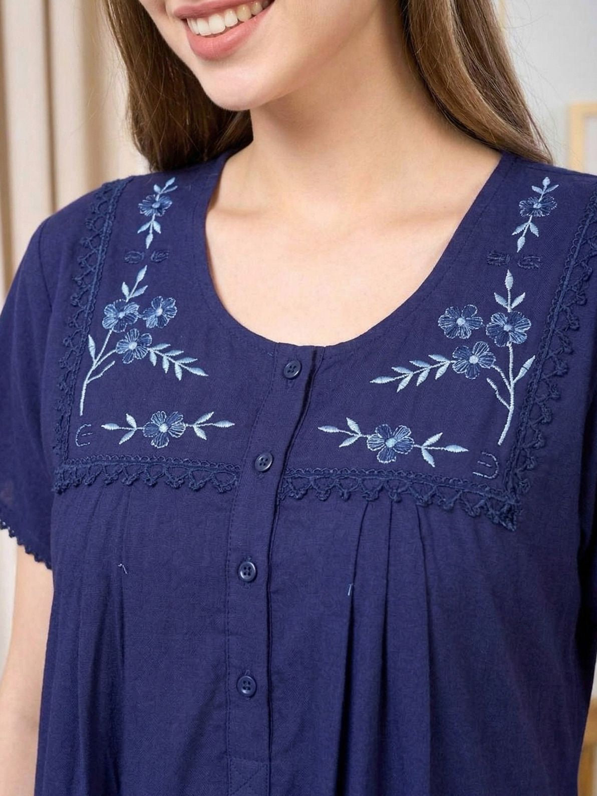 Lisa Navy Blue Thread Embroidered Nightgown