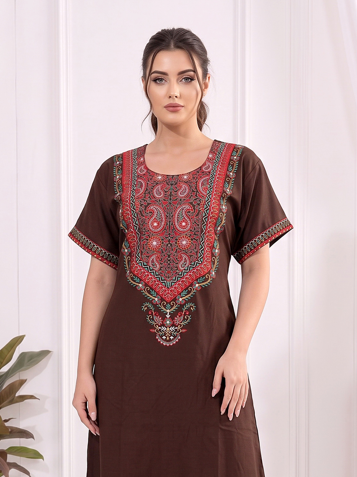 ARINA WALNUT BROWN EMBROIDERED NIGHTGOWN