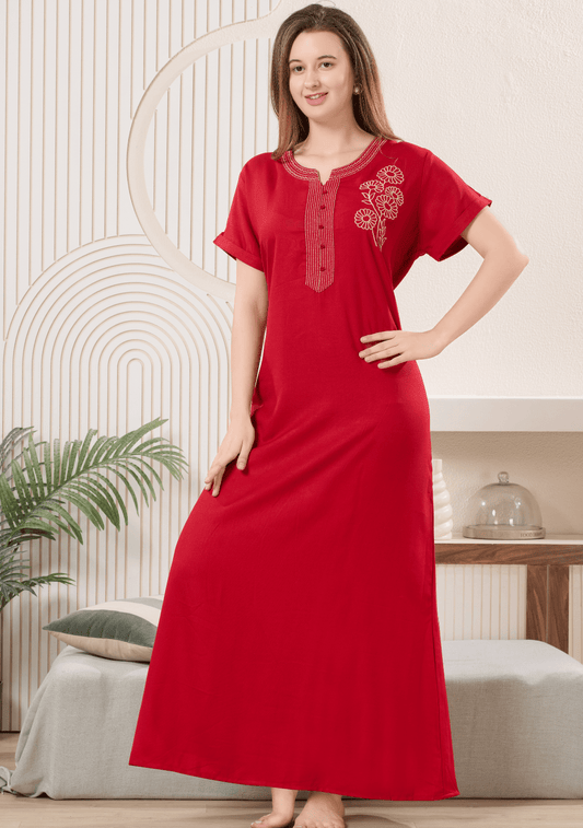 Lumi  Scarlet Red  Floral Embroidered  Nightgown