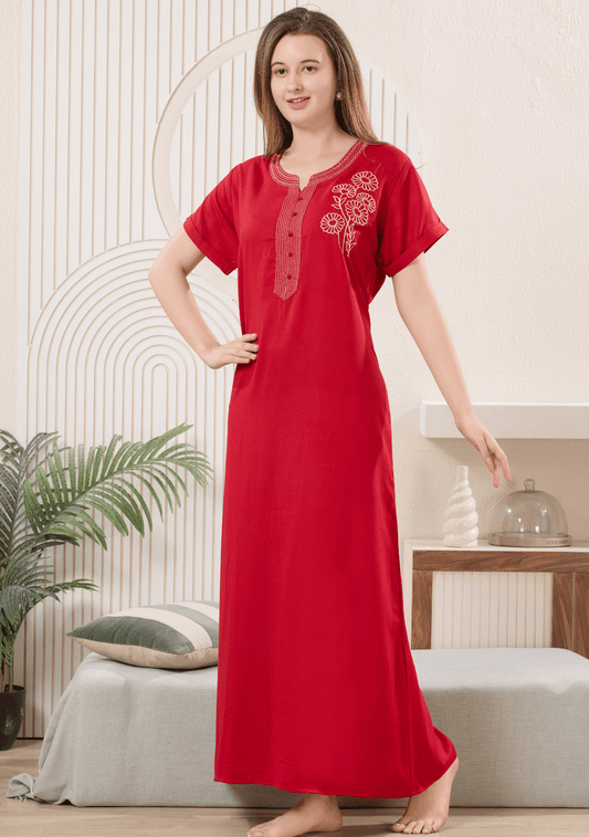 Lumi  Scarlet Red  Floral Embroidered  Nightgown