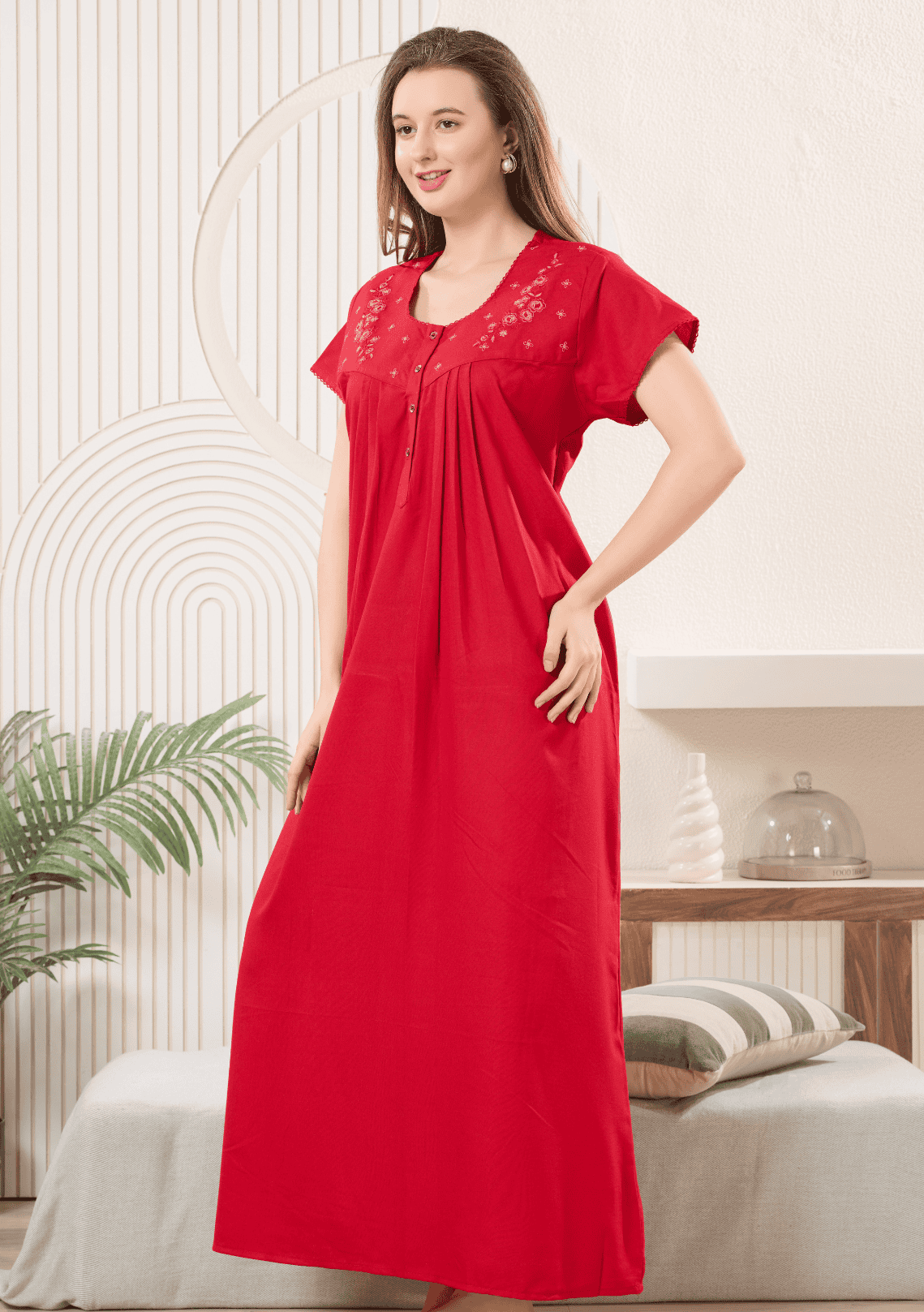 Anaya crimson Floral Embroidered Nightgown