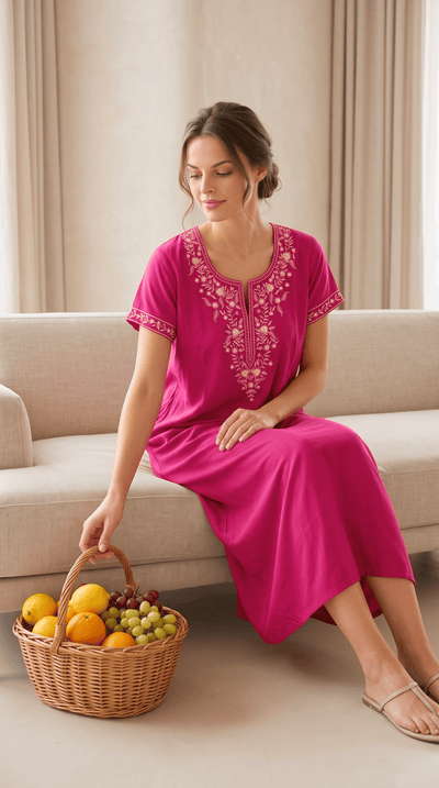 Aura Hot Pink Bloom Embroidered Nightgown