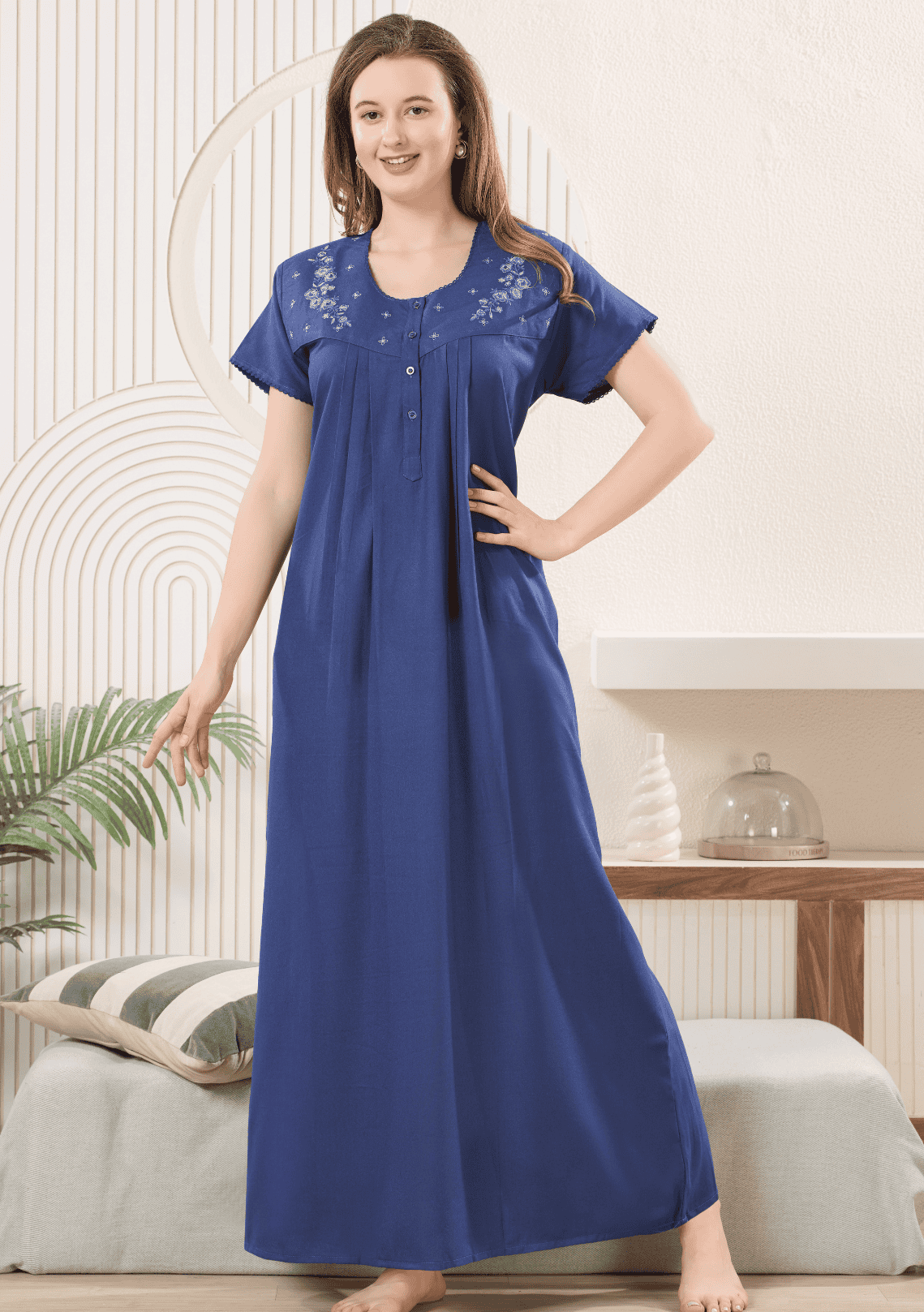 Anaya Denim Blue Floral Embroidered Nightgown