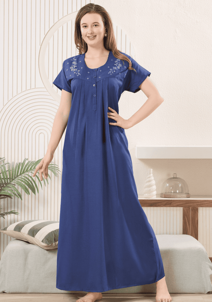 Anaya Denim Blue Floral Embroidered Nightgown