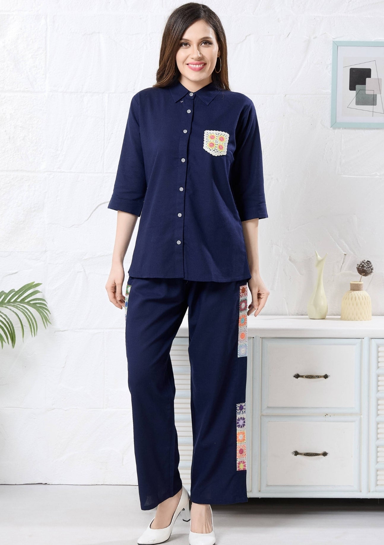 Camellia Ink Blue Crochet Linen Co-ord Set