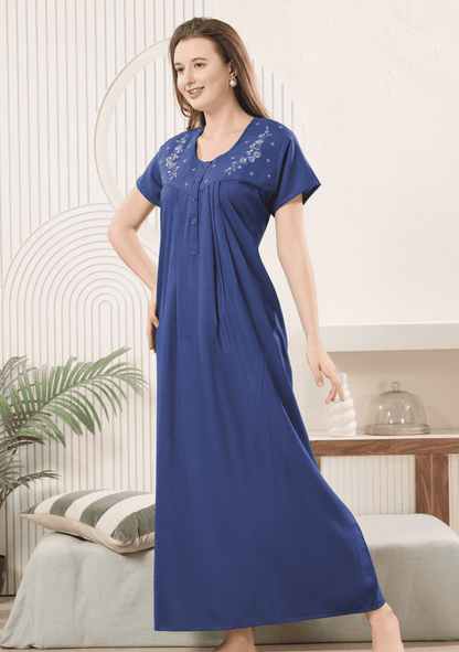 Anaya Denim Blue Floral Embroidered Nightgown