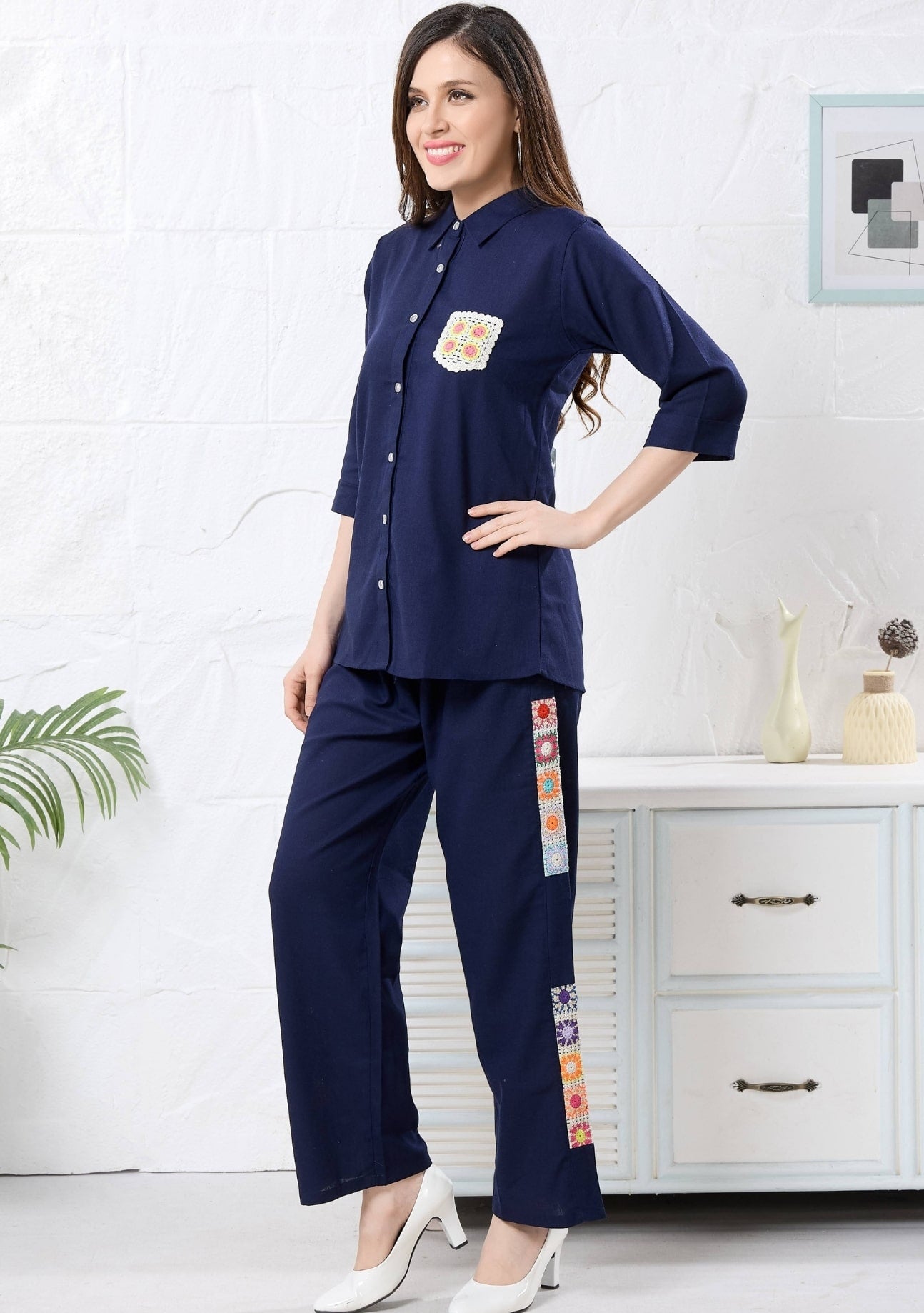 Camellia Ink Blue Crochet Linen Co-ord Set