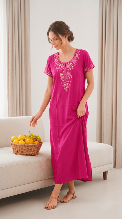 Aura Hot Pink Bloom Embroidered Nightgown