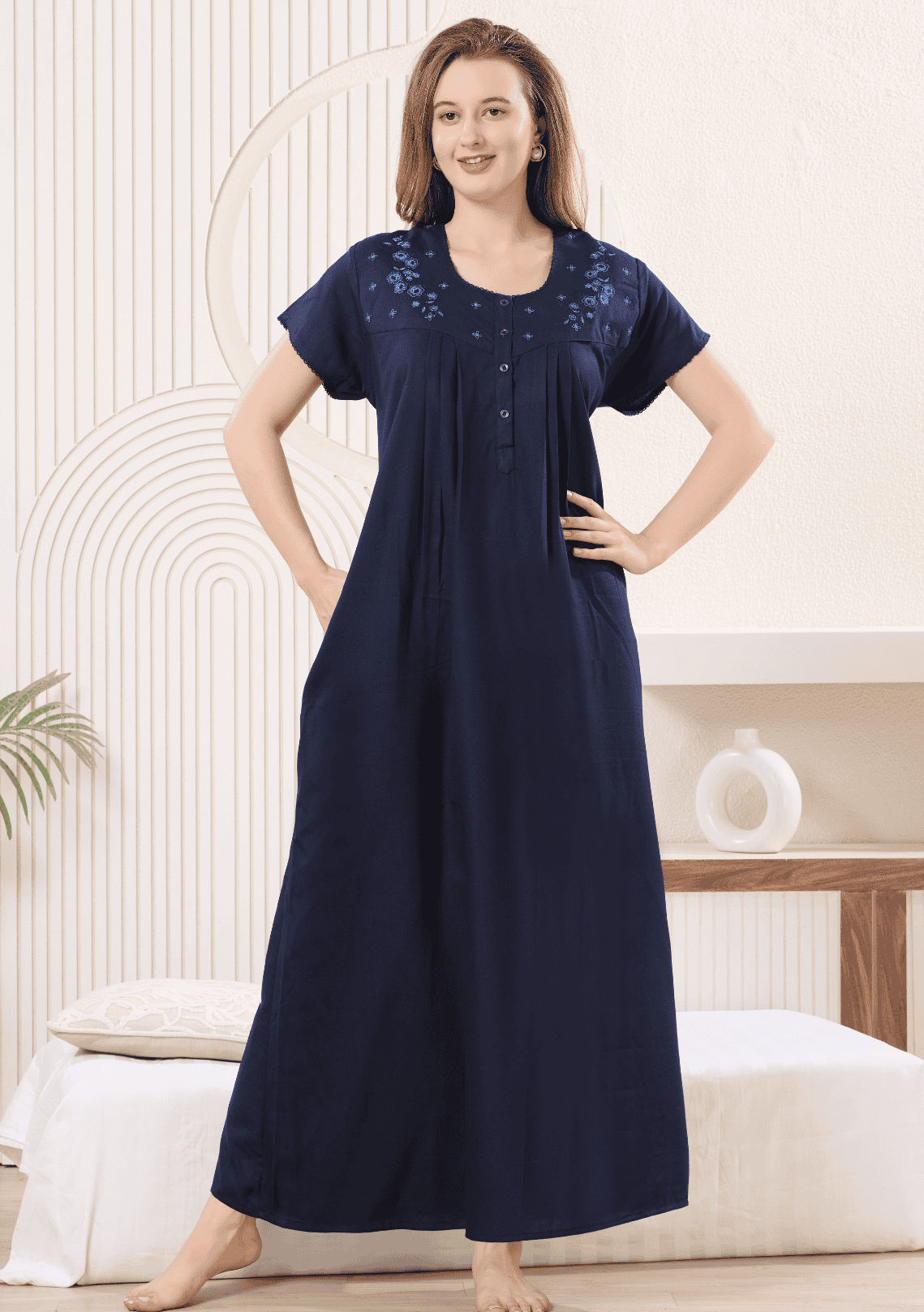 Anaya Indigo Floral Embroidered Nightgown