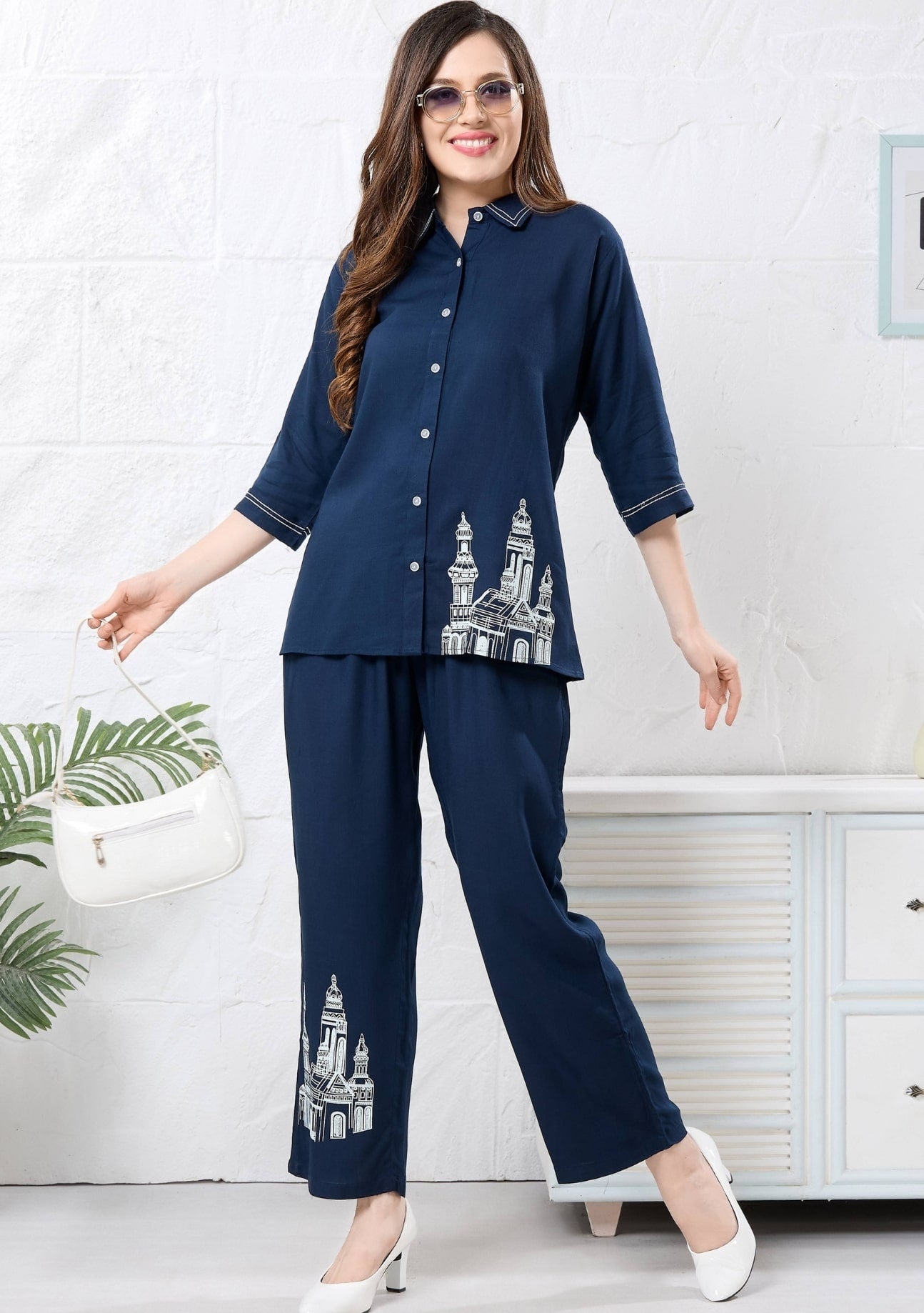 Veronica Navy Blue Motif Linen Co-ord Set
