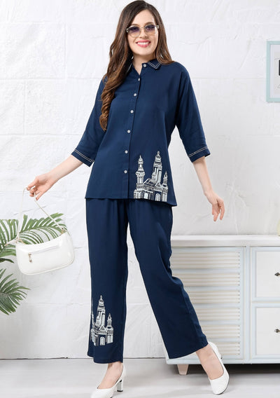 Veronica Navy Blue Motif Linen Co-ord Set