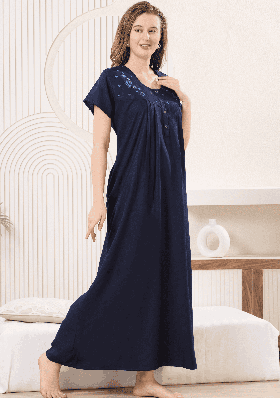 Anaya Indigo Floral Embroidered Nightgown