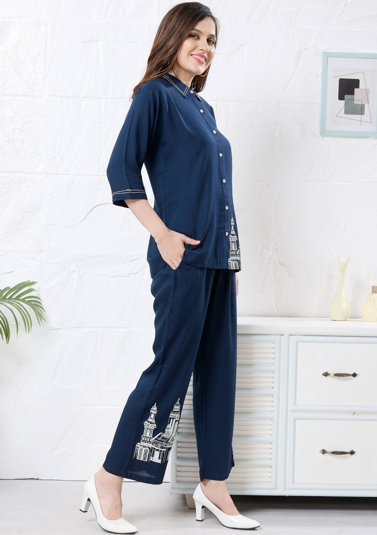 Veronica Navy Blue Motif Linen Co-ord Set