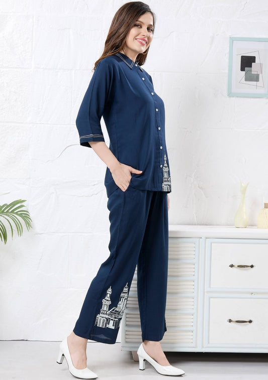 Veronica Navy Blue Motif Linen Co-ord Set