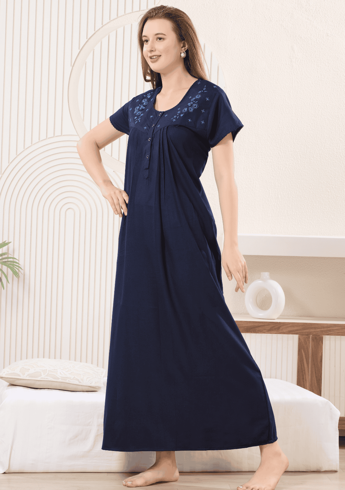 Anaya Indigo Floral Embroidered Nightgown