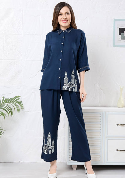 Veronica Navy Blue Motif Linen Co-ord Set
