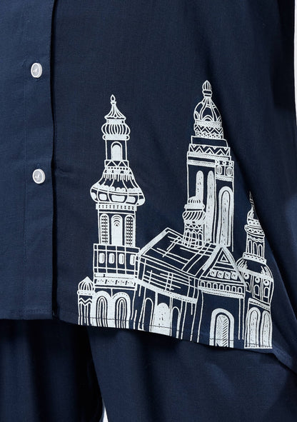 Veronica Navy Blue Motif Linen Co-ord Set