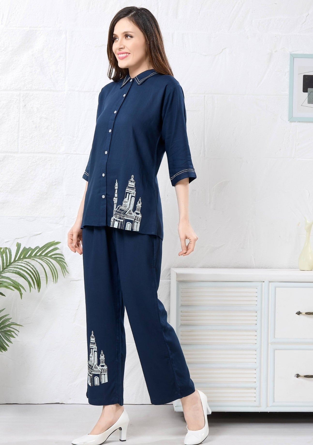 Veronica Navy Blue Motif Linen Co-ord Set