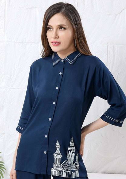 Veronica Navy Blue Motif Linen Co-ord Set