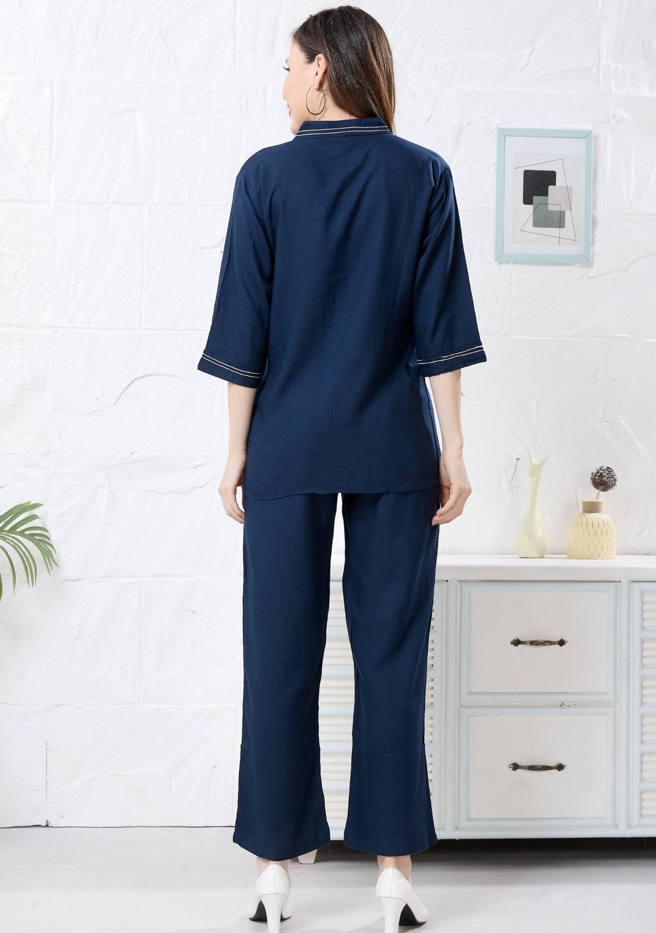 Veronica Navy Blue Motif Linen Co-ord Set