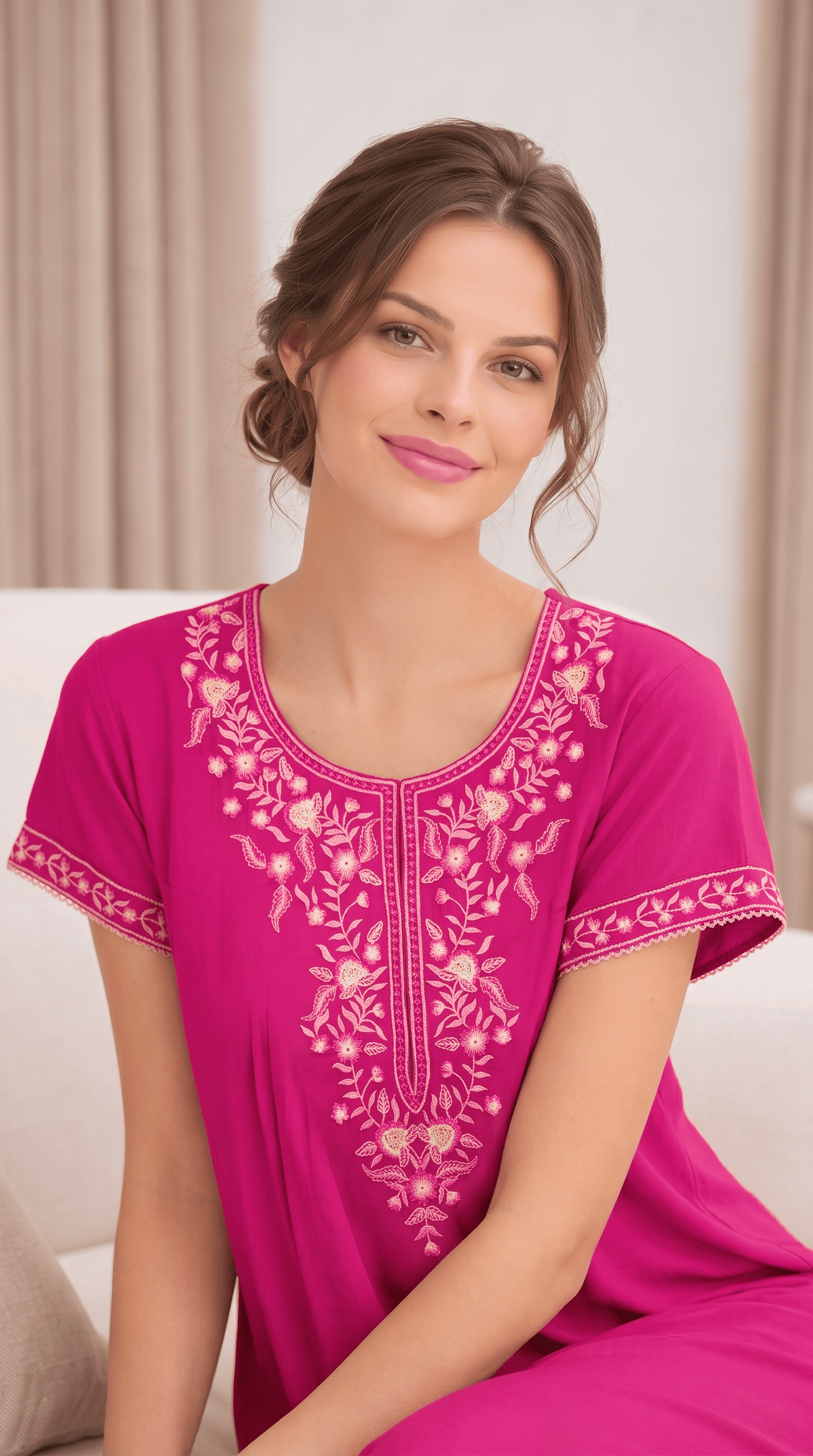 Aura Hot Pink Bloom Embroidered Nightgown