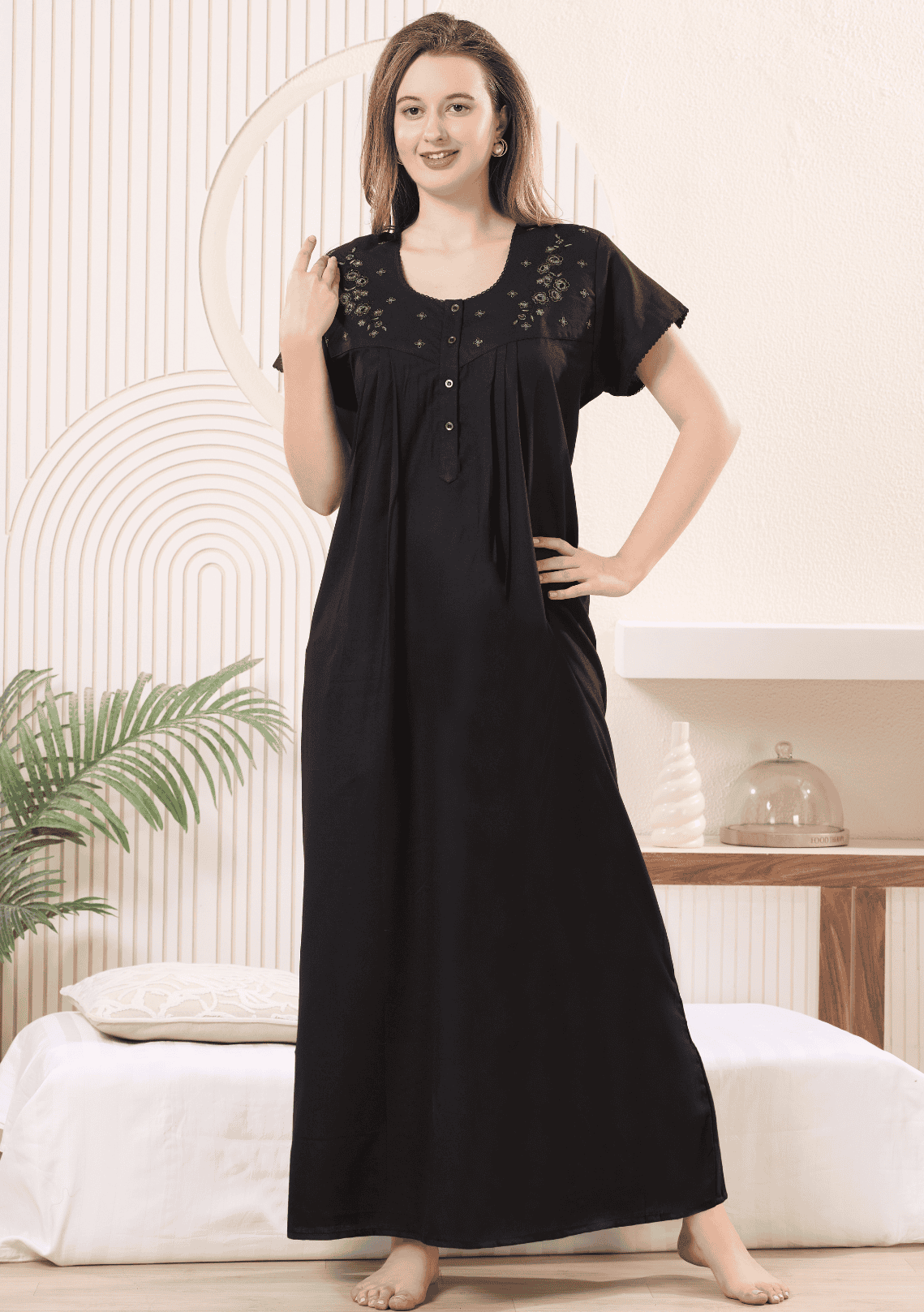 Anaya Black Floral Embroidered Nightgown