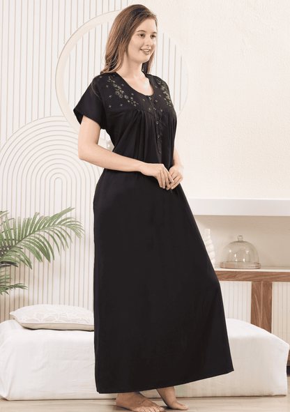 Anaya Black Floral Embroidered Nightgown