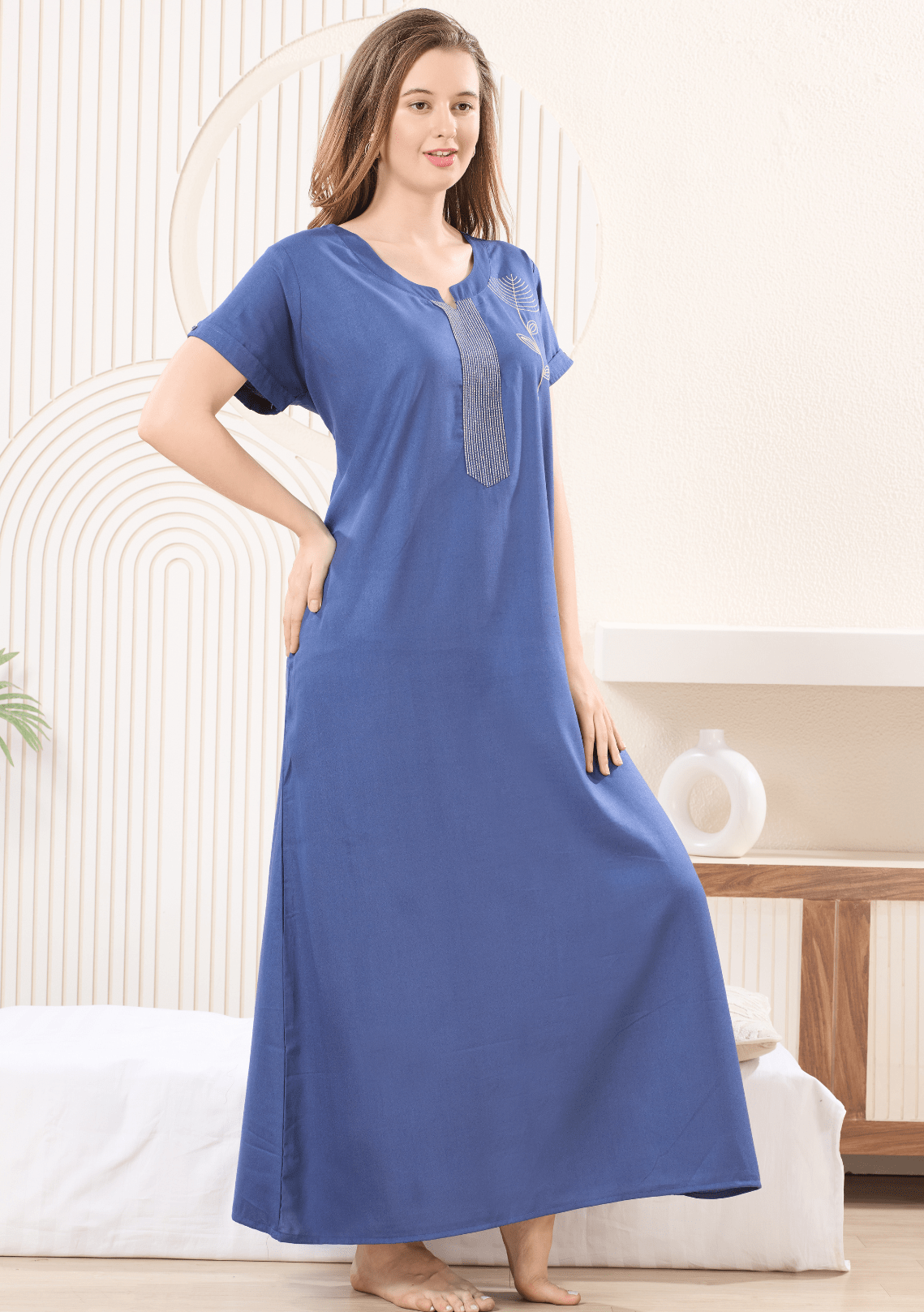 Lumi  Chambray Floral Embroidered  Nightgown