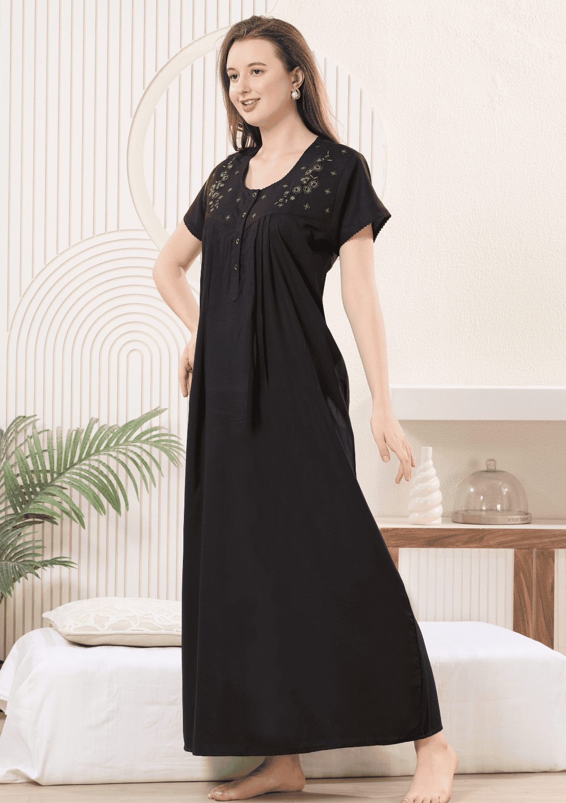 Anaya Black Floral Embroidered Nightgown