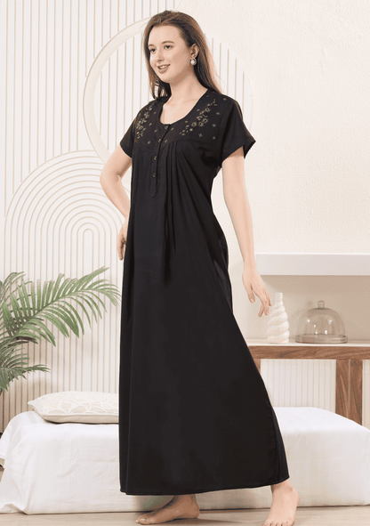 Anaya Black Floral Embroidered Nightgown