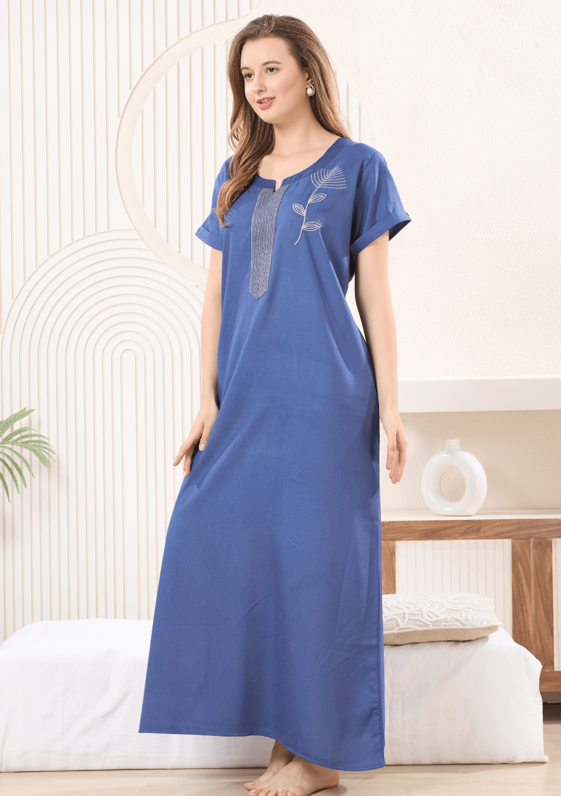 Lumi  Chambray Floral Embroidered  Nightgown