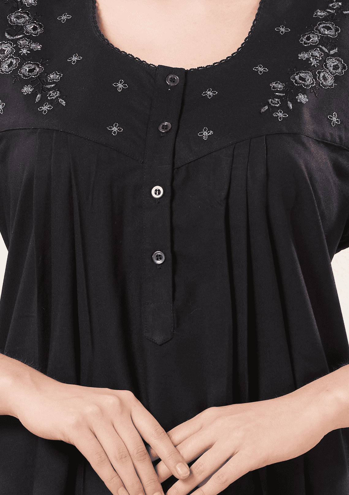 Anaya Black Floral Embroidered Nightgown