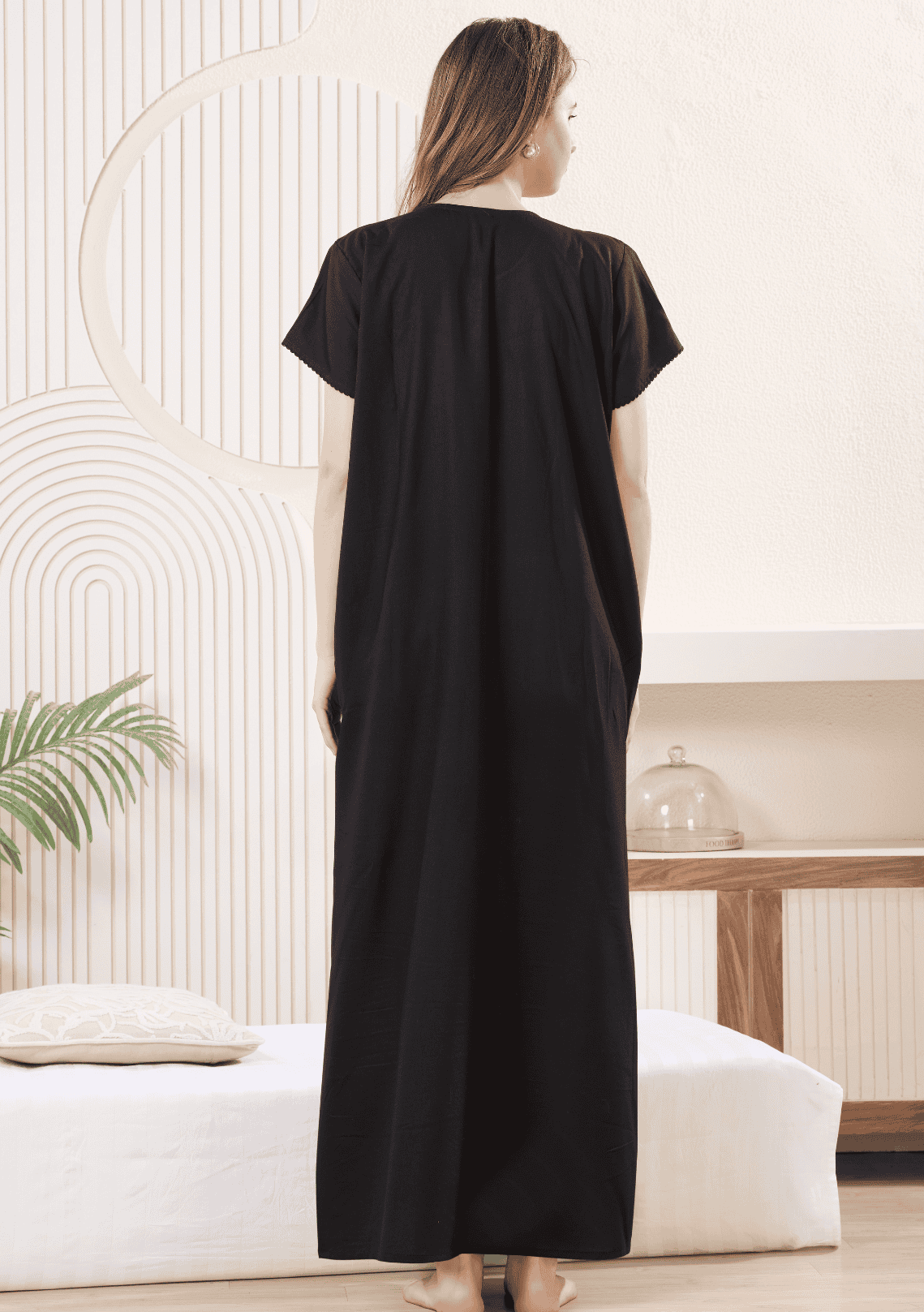 Anaya Black Floral Embroidered Nightgown