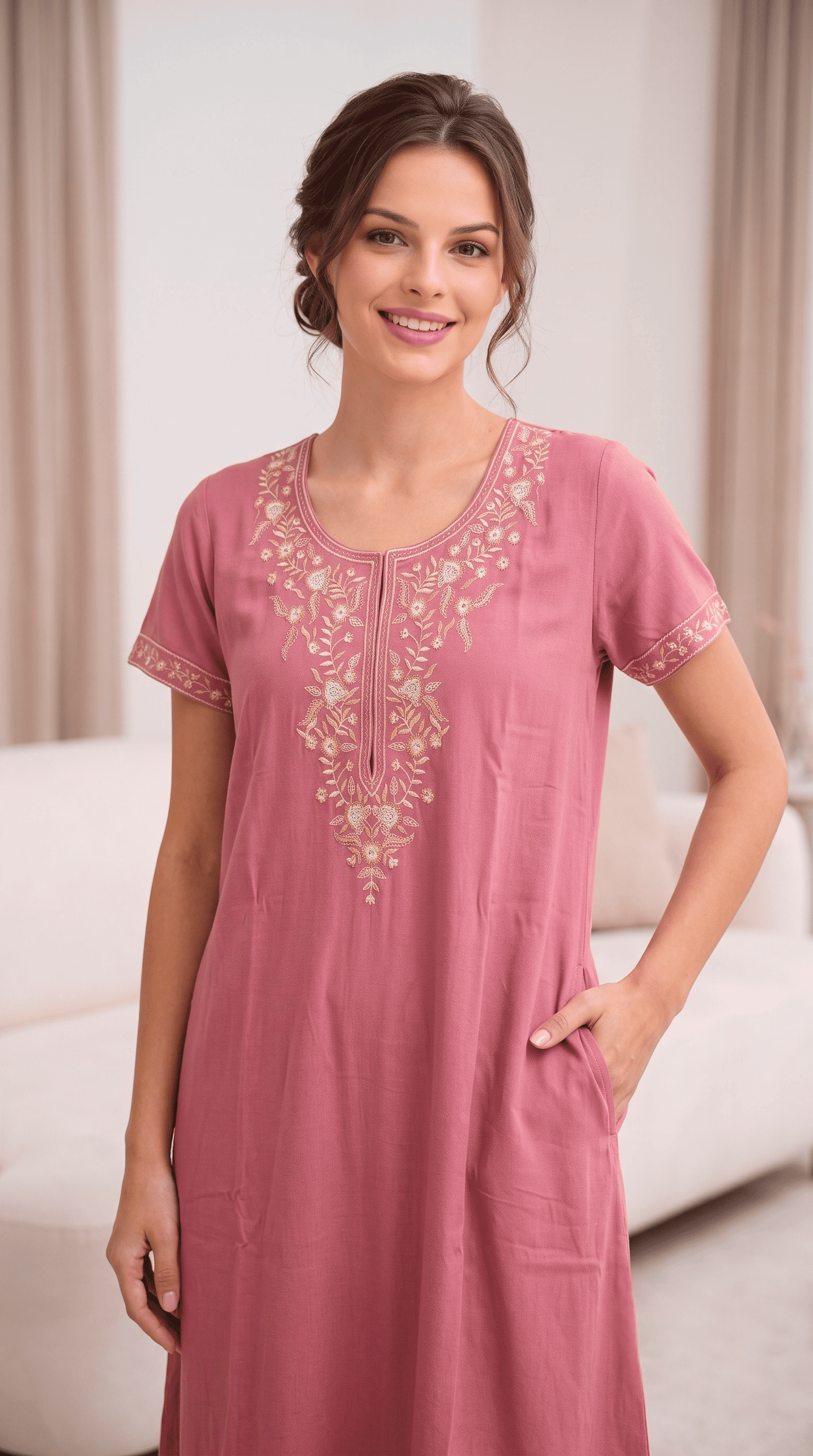Aura Dusty Rose Bloom Embroidered Nightgown