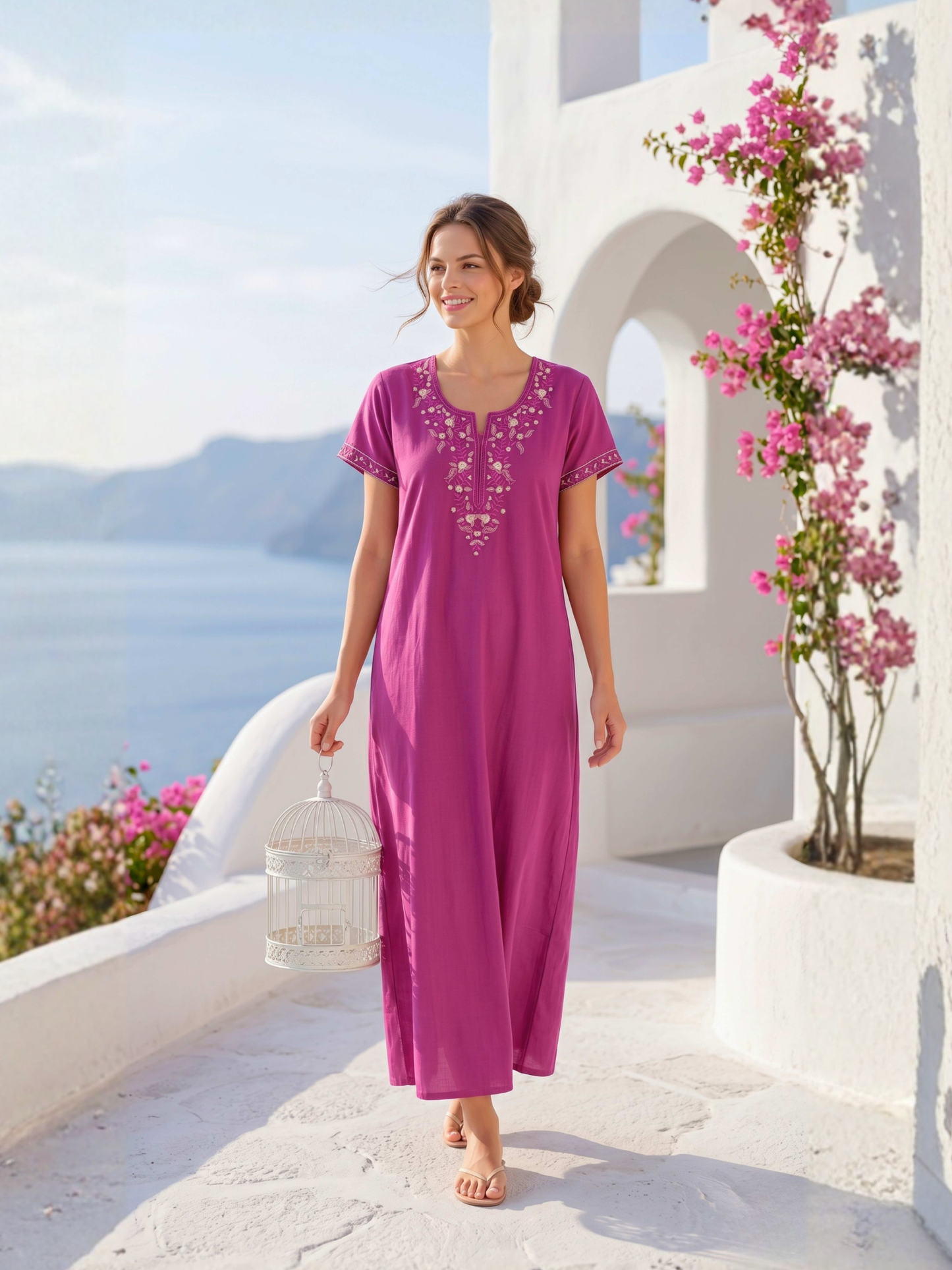 Aura Fuchsia Pink Bloom Embroidered Nightgown