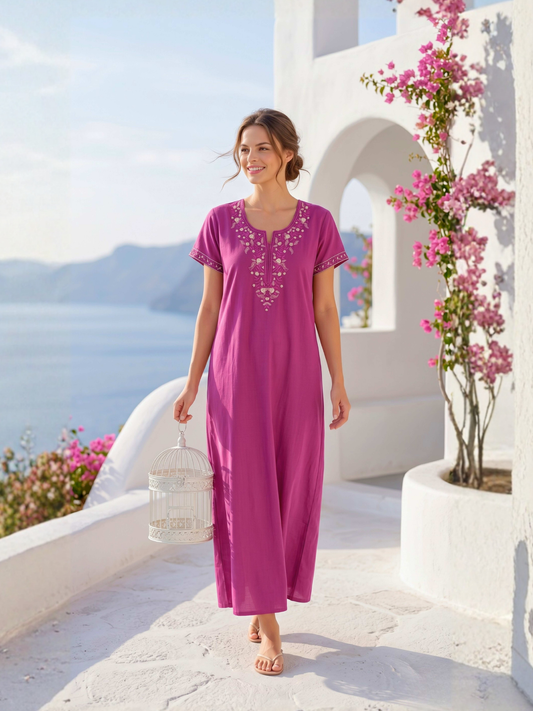 Aura Fuchsia Pink Bloom Embroidered Nightgown